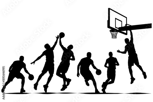 Silhouette of male basketball players in dynamic poses.