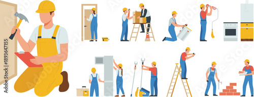 Home renovation handyman vector set showing workers installing repairing appliances painting masonry plumbing maintenance tasks with tools isolated illustration design