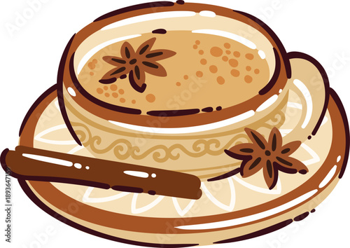 Indian masala tea icon. Hot chai in cup with saucer, star anise, cinnamon stick, creamy surface, traditional drink detail. Masala tea travel symbol, cartoon doodle vector illustration.