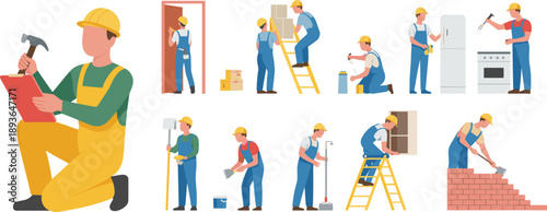 Home renovation worker vector set showing handyman repairing installing cleaning painting masonry plumbing tasks with tools isolated illustration design concept