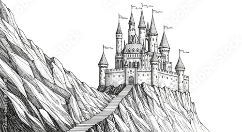 A majestic castle sits atop a rugged mountain with a winding road leading to its grand entrance in a scenic landscape illustration.