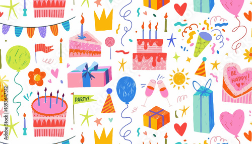 A vibrant birthday celebration scene with colorful decorations and gifts on a table indoors