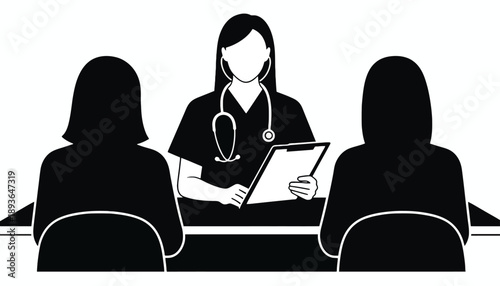 Doctor discusses health with two patients in a clinic setting kDBkc