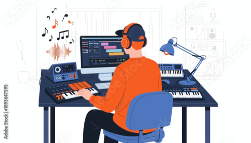 A person in an orange shirt sits at a desk with audio equipment and a computer producing music with notes coming out.