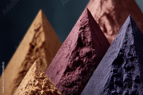 Different colors of industrial powder create distinct piles with shadows cast in a bright setting during daylight hours