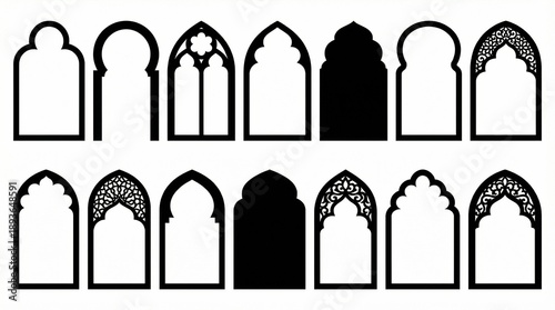 Islamic arch window silhouette vector set with ornate geometric patterns, floral motifs, Moorish architectural designs, cultural art elements, mosque palace madrasa inspiration