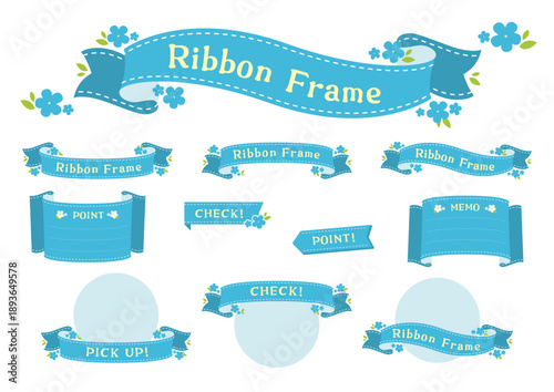 花とリボンの可愛いフレーム枠セット 水色 ベクター