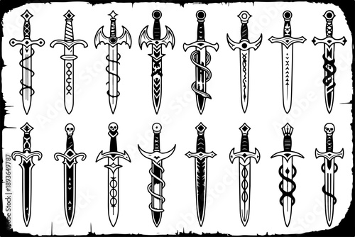 Gothic Dagger and Sword Tattoo Illustration Set
