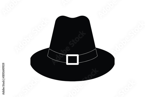 Black silhouette of pilgrim hat, historical headwear, isolated on white background