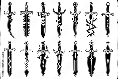 Gothic Dagger and Sword Tattoo Illustration Set