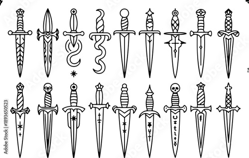 Gothic Dagger and Sword Tattoo Illustration Set