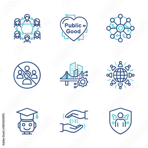 Vector UI icons for AI social impact and ethical inclusion. Professional assets for NGOs, social tech projects, and community-driven artificial intelligence initiatives.