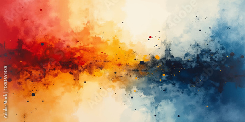 Vibrant abstract watercolor design featuring a grunge texture with red and orange paint splashes, fiery ink drops, and colorful brush splatters on a light yellow paper backdrop vector illustration