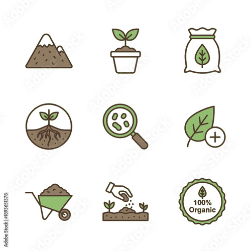 Vector icons of finished organic compost and healthy soil. High-quality earth-tone graphics for fertilizer products, organic farming, and nutrient-rich soil enhancement for sustainable gardening.