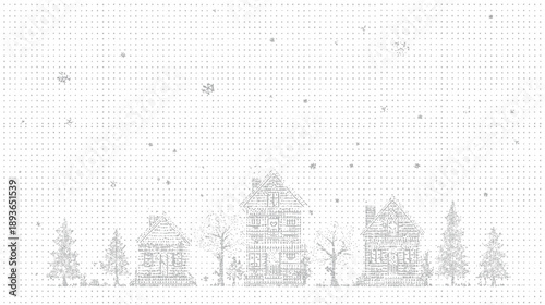 Winter village illustration with falling snowflakes and traditional houses, minimalist grayscale townscape banner or border for holiday designs
