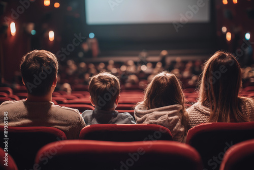 Family enjoys leisure time at cinema while watching a movie on a big screen in a cozy theater setting filled with excited audience