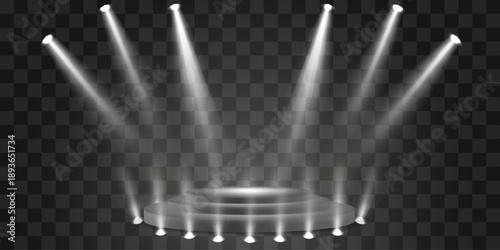 Vector 3d podium with spotlights png. Scene spotlight beams, studio lighting. Empty stage or pedestal. Podium for award ceremony, product presentation. Bright lighting with spotlights.