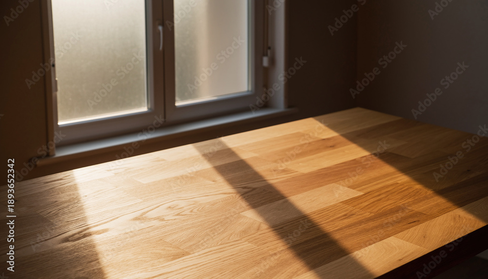 Fototapeta premium Sunlight streaming through a frosted window onto a warm wooden table surface, creating strong light and shadow patterns indoors.