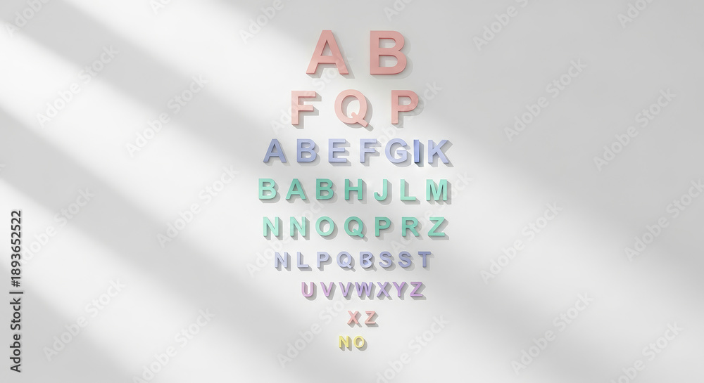 Fototapeta premium A colorful alphabet display on a white background with diagonal shadows