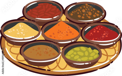Indian spice set with traditional masala bowls, colorful ground spices, seeds and powders arranged on round tray, aromatic cuisine elements, cultural food detail, cartoon doodle vector illustration
