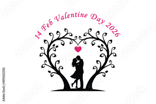 Couple Kissing under Heart-Shaped Trees Silhouette in Romantic Mood with Soft Pink Lighting on White Background for Valentines Day Greeting Card