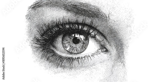 Detailed black and white pencil drawing of a human eye with expressive gaze, realistic hand-drawn sketch, artistic anatomy study