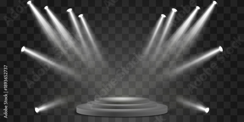 Vector 3d podium with spotlights png. Scene spotlight beams, studio lighting. Empty stage or pedestal. Podium for award ceremony, product presentation. Bright lighting with spotlights.