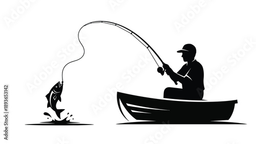 A fisherman in a boat with a caught fish dynamic silhouette