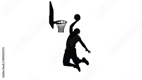A basketball player jumping to shoot dynamic action in black silhouette