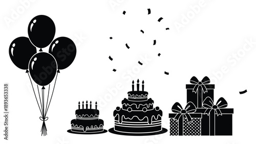 Celebratory balloons cakes and gifts in a dark silhouette