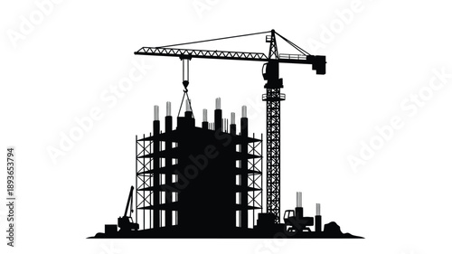 Construction site with a towering crane and building structure silhouette