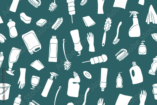 Vector illustration of various cleaning supplies in a seamless pattern on a teal background. Includes bottles, brushes, gloves, and sponges, ideal for home and hygiene themes.