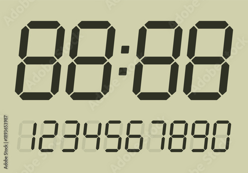 Digital numbers. LCD figures for a electronic devices, clocks, calculators, and scoreboard interfaces. Vector illustration.