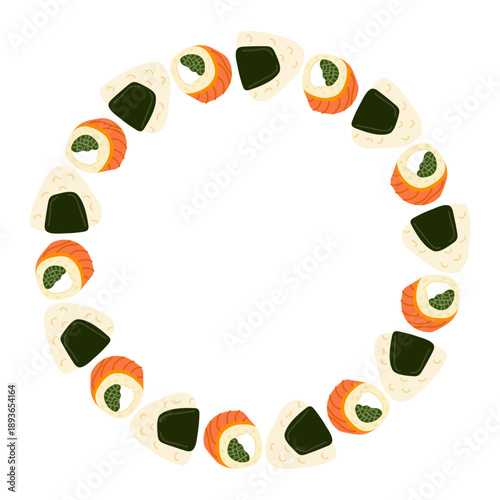 Sushi and rice balls arranged in a circular pattern during a food event in a casual setting