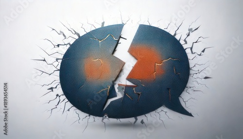 Broken communication concept with cracked speech bubble illustration.