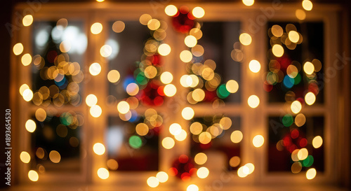 A window decorated with colorful Christmas lights and ornaments during the holiday season