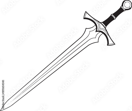 Black and white sketched sword with a circular handle and a long blade