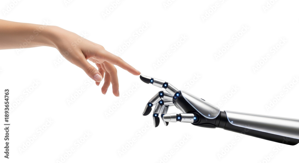 Obraz premium Human hand and robotic arm fingers touching on black background image, Isolated On Png Transparent Background