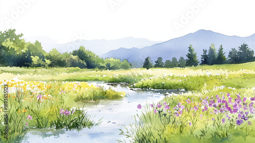 Watercolor landscape river meadow wildflower green nature summer mountain peaceful scene with gentle flowing water and colorful flowers in tranquil countryside setting