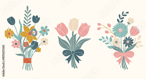 Spring flowers bouquets. Flat vector set with texture. Floral compositions in pastel colors