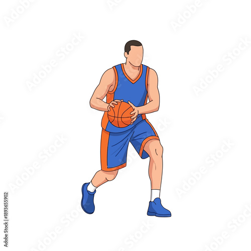 Basketball Player Dribbling Ball in Blue and Orange Uniform, Action Shot