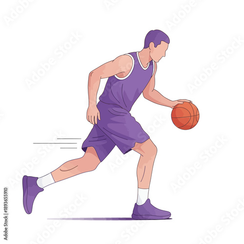 Basketball Player Dribbling Ball, Dynamic Action Pose, Athletic Male Athlete