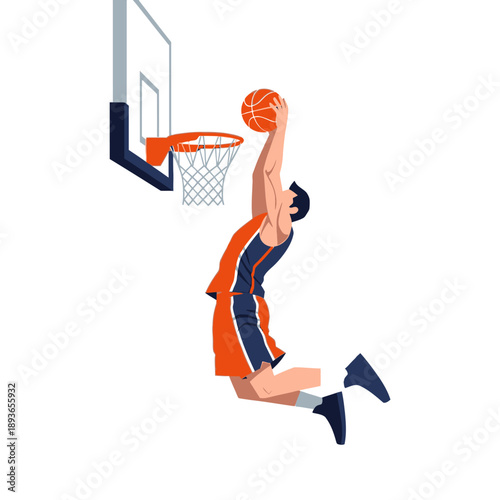 Basketball player dunking slam dunk action, athletic jump, sport competition, dynamic movement