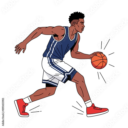 Athletic Black Man Dribbling Basketball, Dynamic Sports Illustration