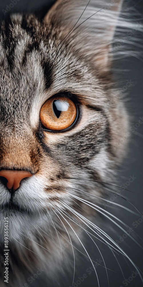 Fototapeta premium Stunning Maine Coon Cat Close-Up Featuring Striking Green Eyes Set Against a Soft Gray Background