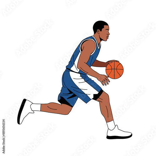 Basketball player dribbling ball, athlete in motion, sport game, dynamic action