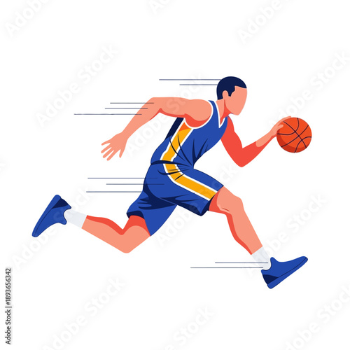 Athletic basketball player dribbling ball in motion, fast break, dynamic illustration
