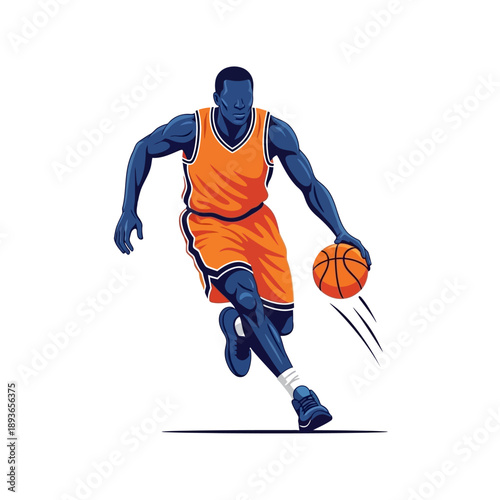 Basketball Player Dribbling Ball Orange Jersey White Background