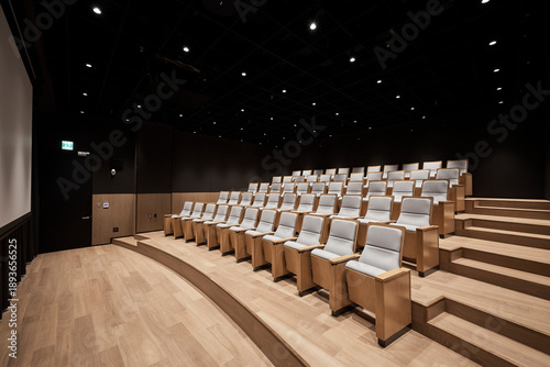 Quadro su tela Modern lecture hall interior with tiered seating and wooden accents