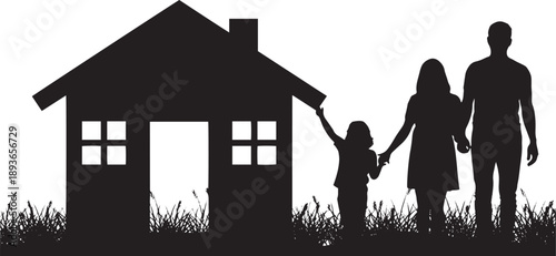 Family silhouette in front of a house with grass parents